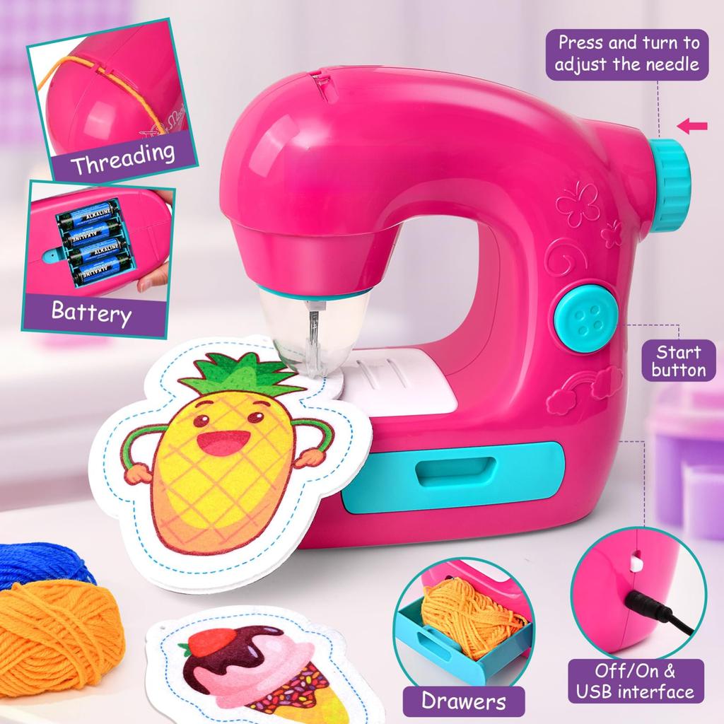 Mini Sewing Machine Toy Kit for Kids Beginners, 22pcs Portable Electric Sewing Machine with Sewing Kit, Light and Finger Guard, Birthday Christmas