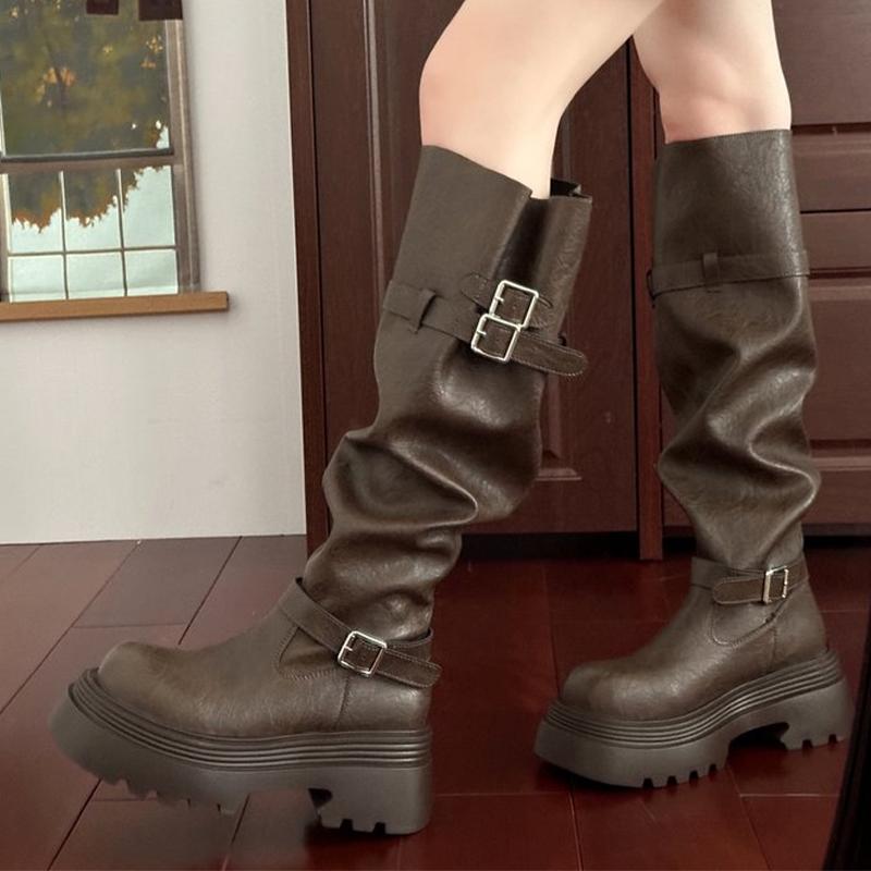 Platform Women's High Boots Flats Designer Knee High Shoes  Leather Winter Motorcycle Boots New Fashion Gothic Mujer Botas