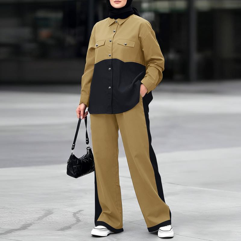 ZANZEA Damen Langarm Patchwork Bluse und Hose Lässige Zweiteilige Anzugsets