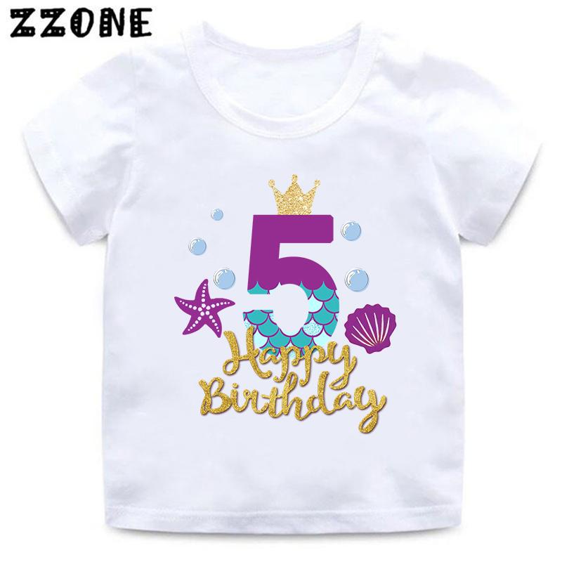 Cute Mermaid Princess Print Girls Clothes 1 2 3 4 5 6 7 8 9 Years Happy Birthday Kids Short Sleeve T Shirt Baby Boys TShirts