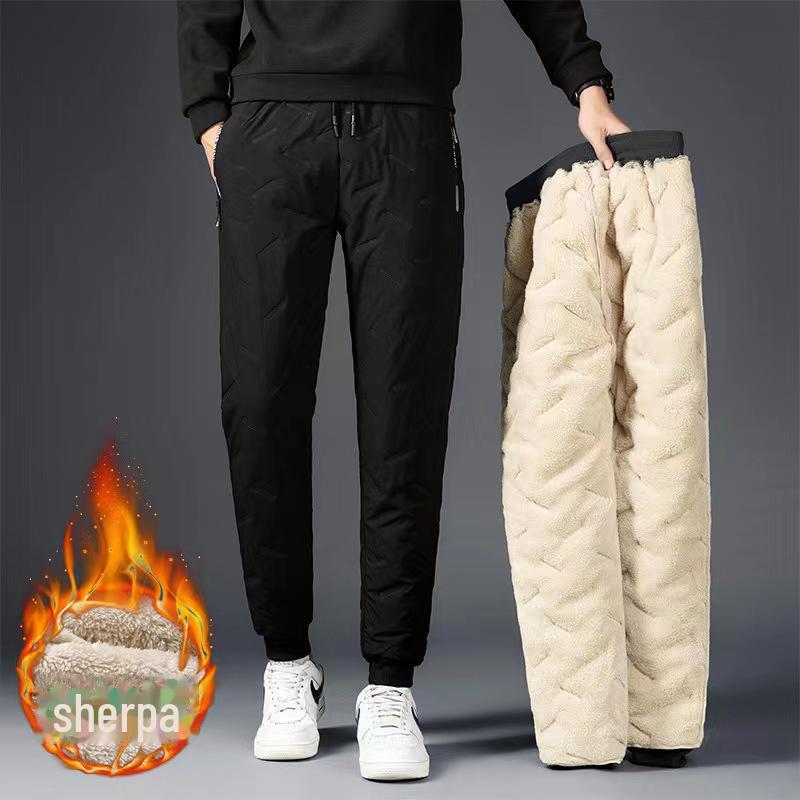 Men's Winter Plush Lined Sweatpants - Warm, Thickened Cotton-Lambskin Leggings for Outdoor Use, Available In Large Sizes