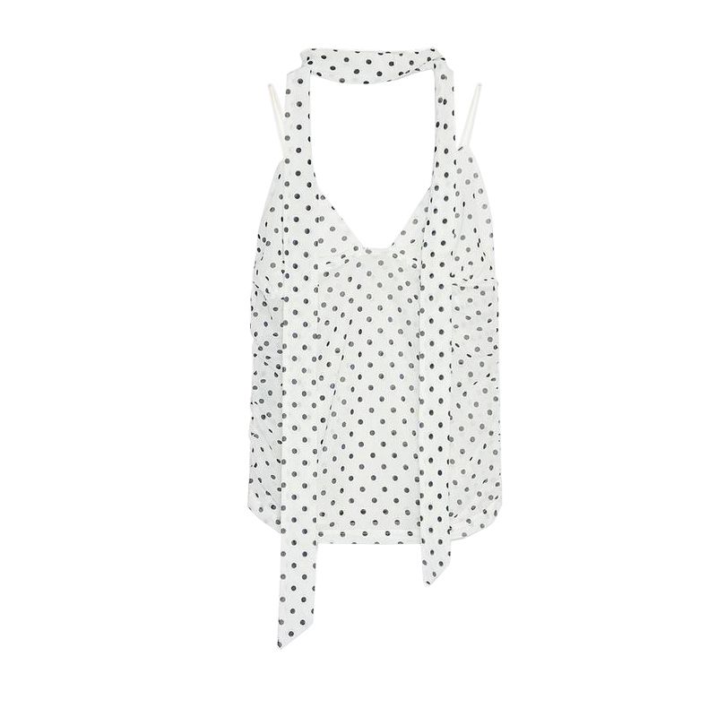 Summer New Product Women's Clothes Minimalist V Neck Sleeveless Scarf with Polka Dot Print French Romantic Tops 0347316