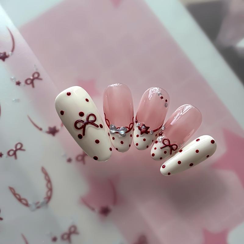 Nail Stickers Cute Bow Stars French Lace 3D Self-Adhesive DIY Nail Art Decals for Home Salon Manicure Beginners