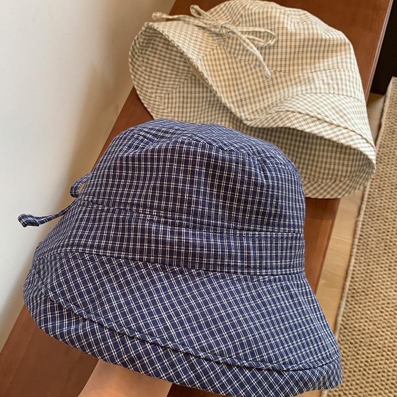 Retro Plaid Bucket Hat Women's Summer Thin Breathable Sunshade Sunscreen Hat Showing Face Small Versatile Sun Hat