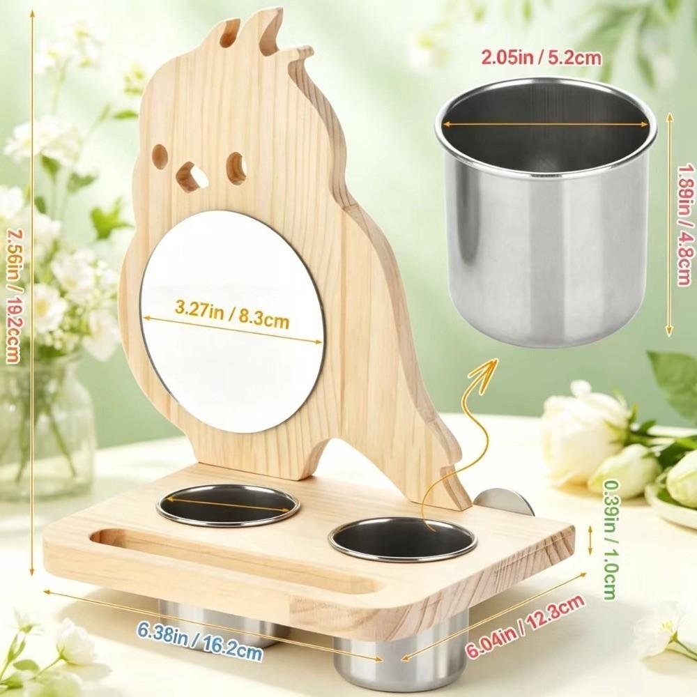 Wooden Platform Bird Mirror Feeder Removable Stainless Steel Dish Hanging Feeding Cup Double Cup with Mirror Parrot Feeder Bowl