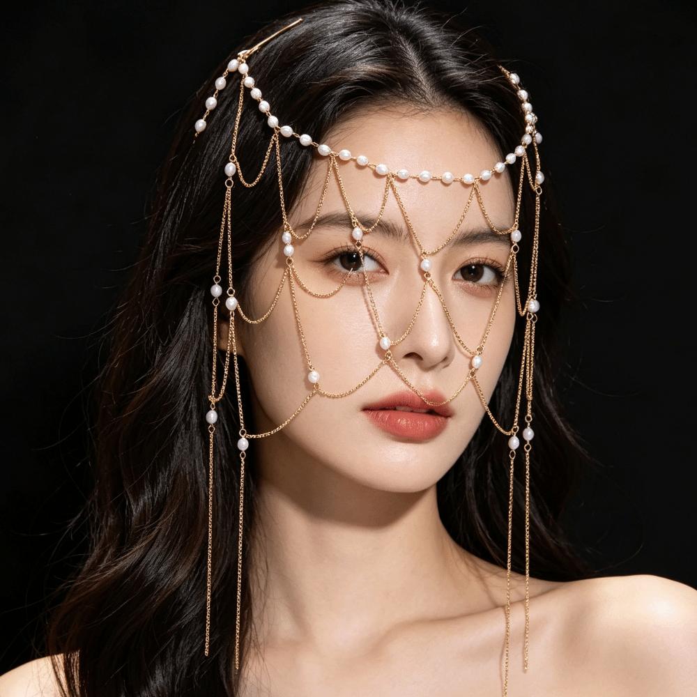 Zircon Bridal Head Chain Hollow Headpiece Tassel Hair Chain Pearl Headpiece Festival
