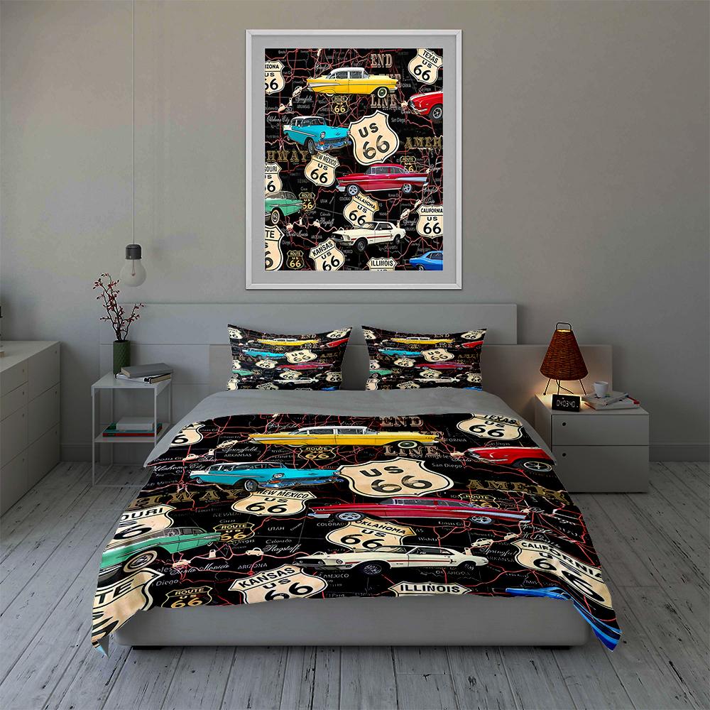 Classic Cars, Route 66 Bedding, Duvet Cover Sets, Duvet Covers, Pillowcases, Birthday Gifts (1 * Duvet Cover 2 * Pillowcases, Without Duvet Insert)
