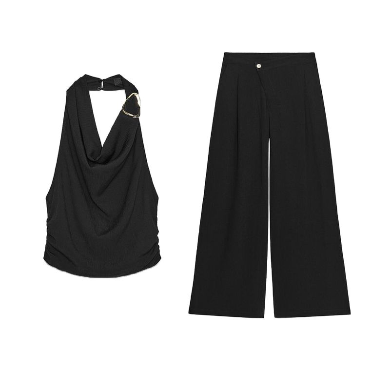 Hanging Collar Sleeveless Elegant Tops 3564127 Cross Waist Wide Leg Comfort and Casual Pants 3564128