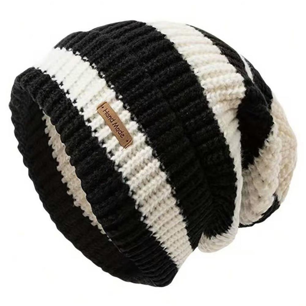 

Новая женская шапка-бини с отворотом на зиму, модная шапка-бини с полосатой вязкой, мягкая вязаная шапка, женская уличная шапка 56cm-60cm чёрный/бежевый