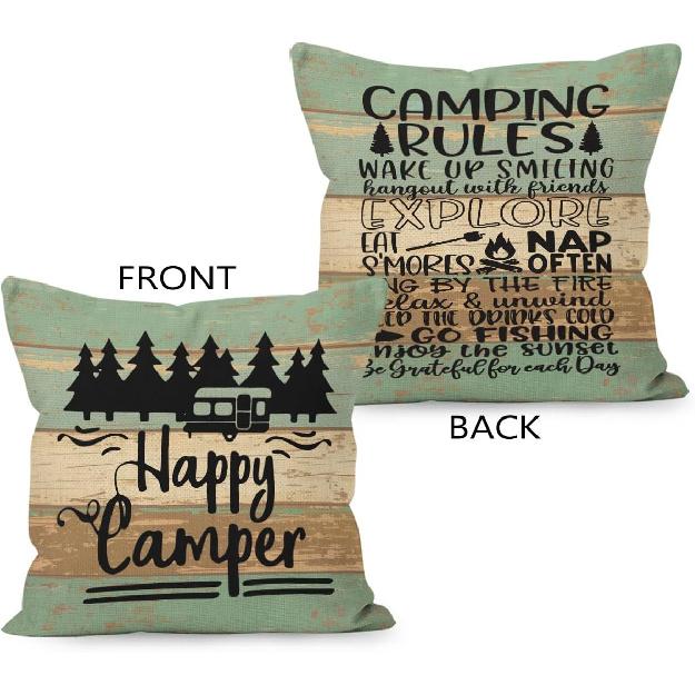 Rustic Happy Camper Wood Board Reversible Throw Pillow Cover, Camping Camper Gifts for Women Men, Camping Rules Pillow Case 18 x 18 Inch Home RV