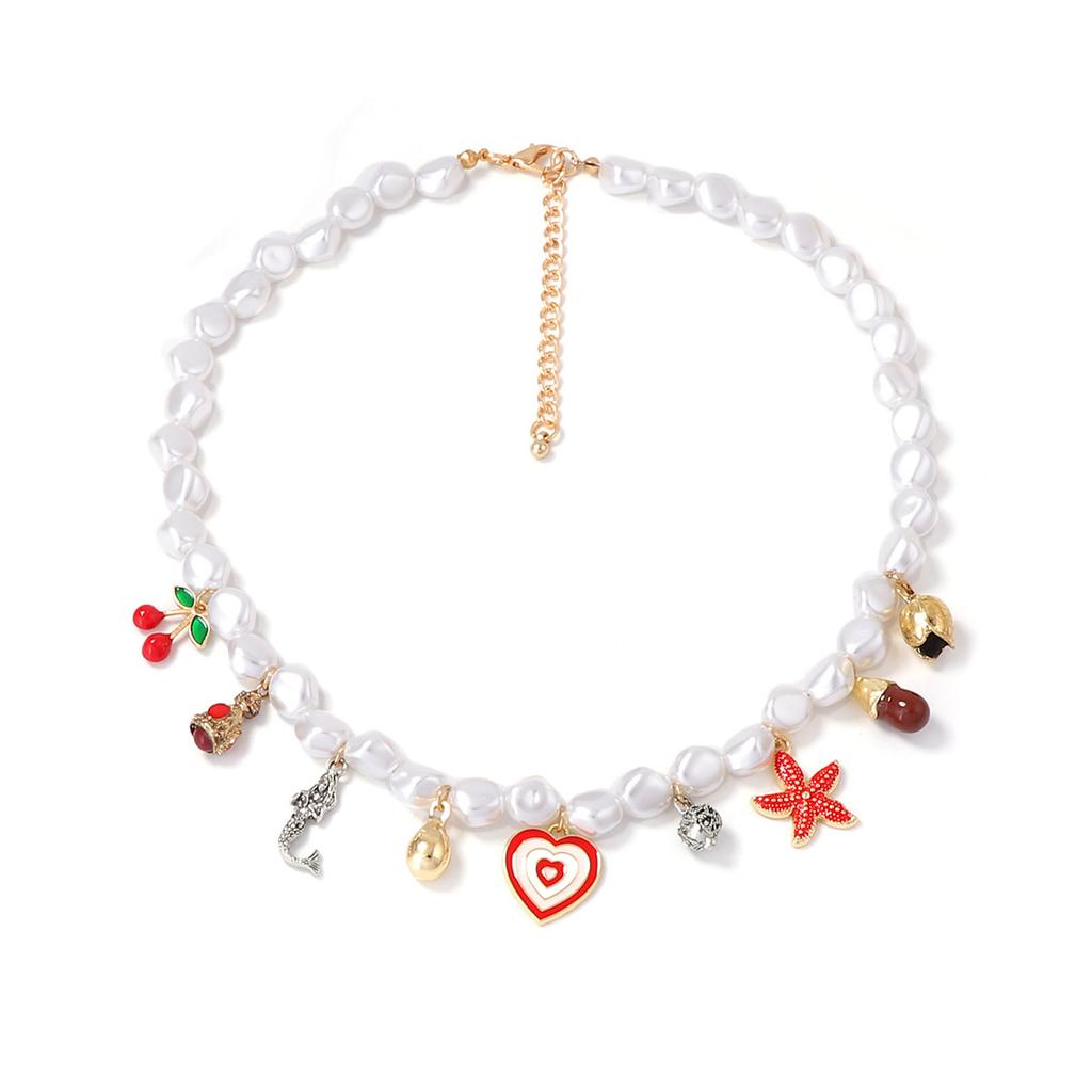 Baroque simple and fashionable imitation pearl alloy dripping oil love heart cherry and other multi-pendant necklace