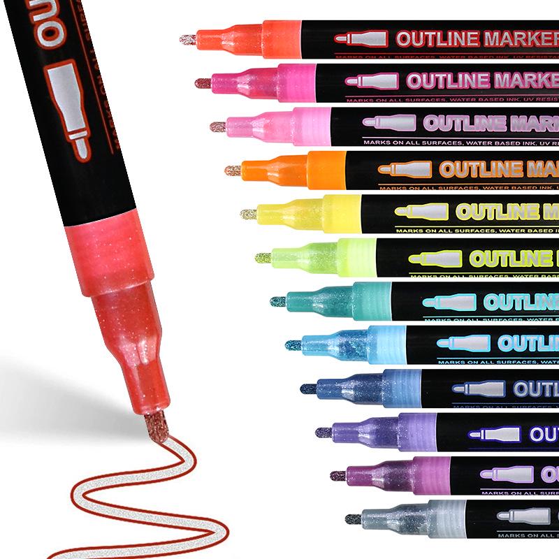 48-Color Fluorescent Dual-Line Metallic Outline Pen Set