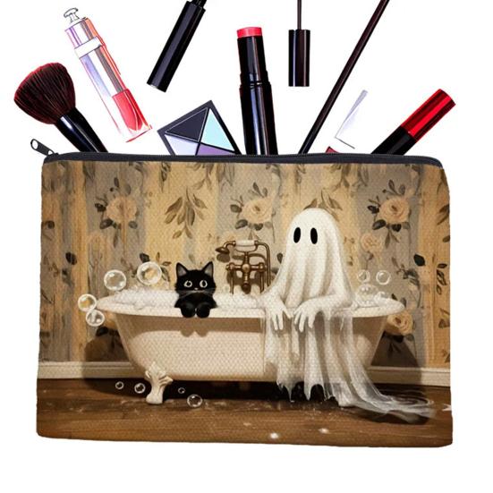 Digital Print Pouch Halloween Theme Cosmetic Bag, Durable Canvas Zipper Makeup Pouch, Storage Bag Portable for Stationery And Daily Cute Organizer