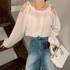 New Arrivals Open Run Shoulder Cutout Balloon Ribbon Blouse