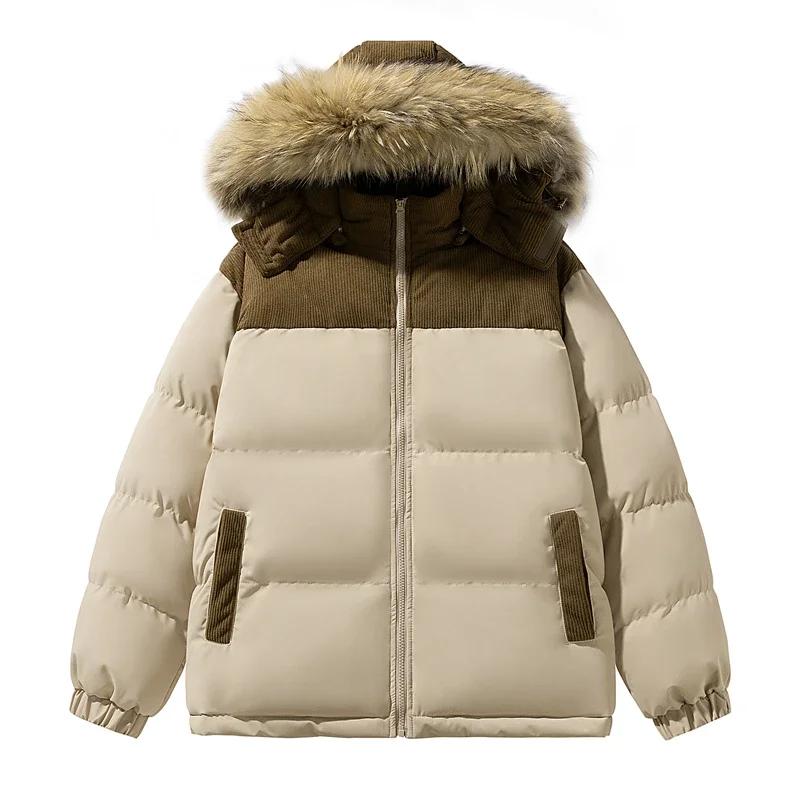 Men Hooded Parkas Winter Fur Lined Hooded Men Thick Fleece Coats Male Parkas Female Couple Color Block Warm Winter Men Parkas