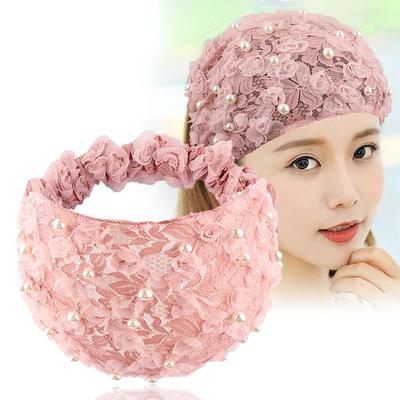 Vintage Mesh Pearl Wide Side For Girls Women Hairbands Flower Korean Head Wrap Lace Headband