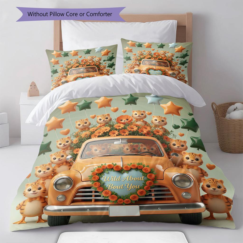 Trucks animals Pattern Bedding Quilt Set Quilt Cover Pillowcase Home Decoration Birthday Gift (1 * duvet cover + 2 * pillowcase, without core)