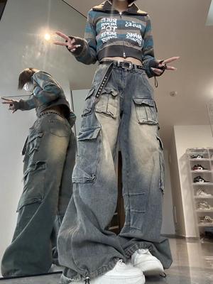 Harajuku 90er Y2k Vintage Baggy-Jeans Damen Grunge Washed Mehrere Taschen Denim Cargohose Low Rise Lässige Hose mit weitem Bein