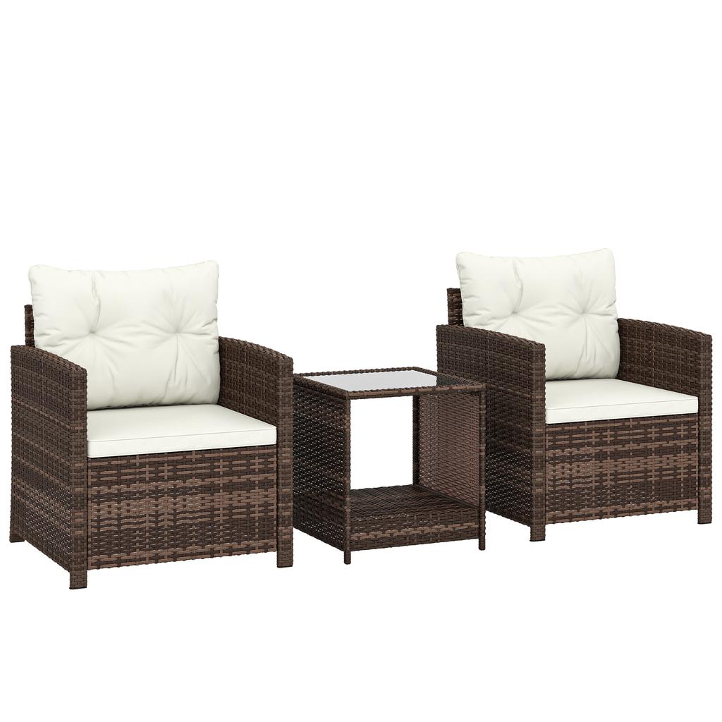 Rattan Bistro Set 3 Piece Garden Furniture Set With 2 Armchairs 2 Tier Glass Table Removable Seat Cushions Cream White