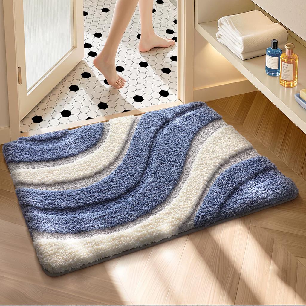 Bathroom Floor Mat with Green Gradient Texture, Absorbent Carpet for Bathroom, Simple Style, Thickened, Quick-Drying, Non-Slip Foot Mat