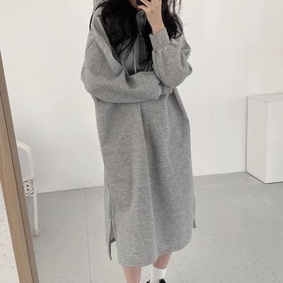 Autumn Winter Hooded Dresses for Women Baggy Korean Style Long Hoodie Gray Dresses