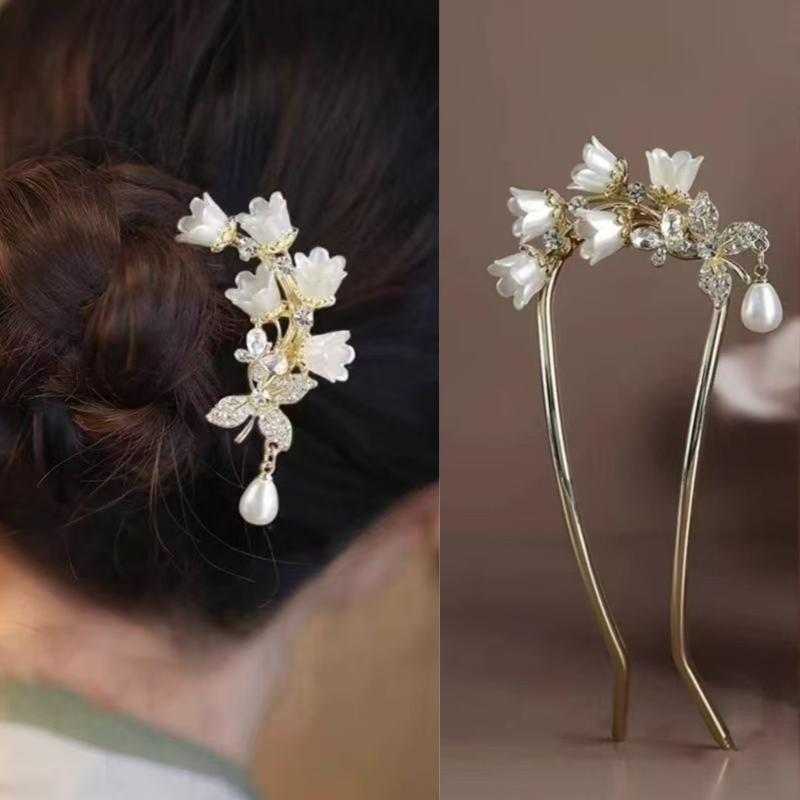 Chinese Hanfu Hair Accessories Long Tassel Vintage Lily Of The Valley U-Shaped Hairpins Flower Handmade Hair Sticks For Women