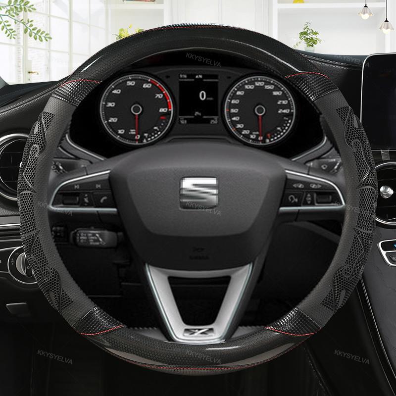 Husa Volan Auto Fibra De Carbon+Piele Antiderapante 38cm Pentru Seat Tarraco Arona Ateca Ibiza Toledo Mii Leon Arosa Exeo ST FR