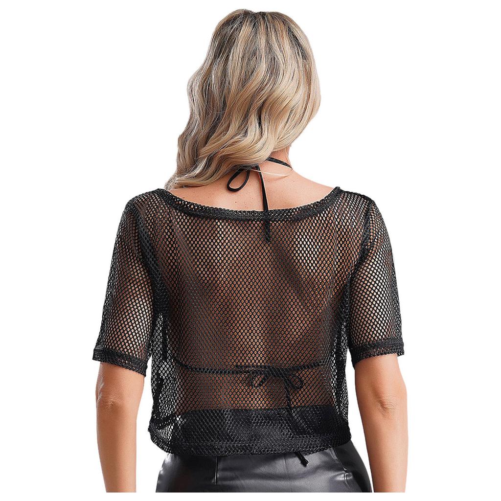 Damen Neon 80er Disco Fischernetz T-Shirt Kurzarm Ausgeschnitten Netz Crop Top