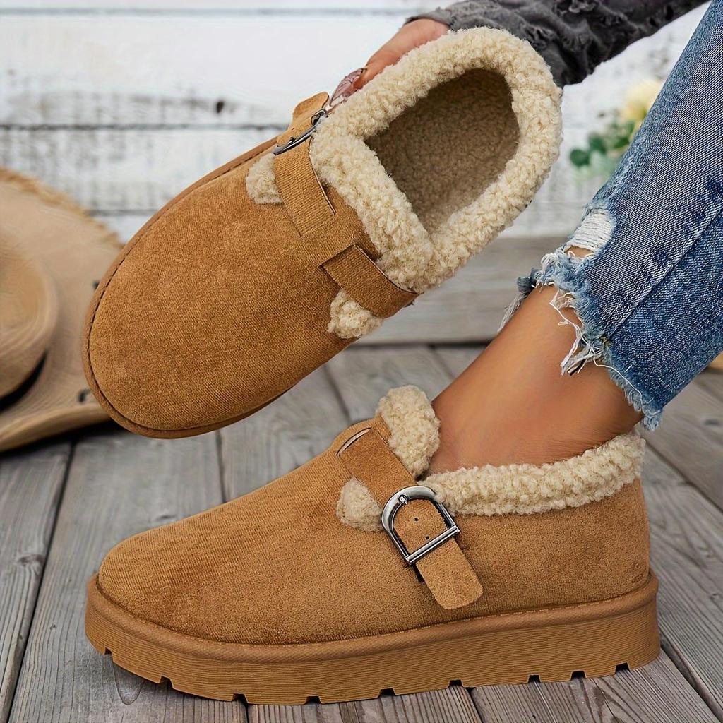 Cozy Fleece-Lined Ankle Boots - Women's Casual Mid Heel Platform Shoes - Round Toe Fabric Upper, Rubber Sole for Winter Warmth with Buckle Closure