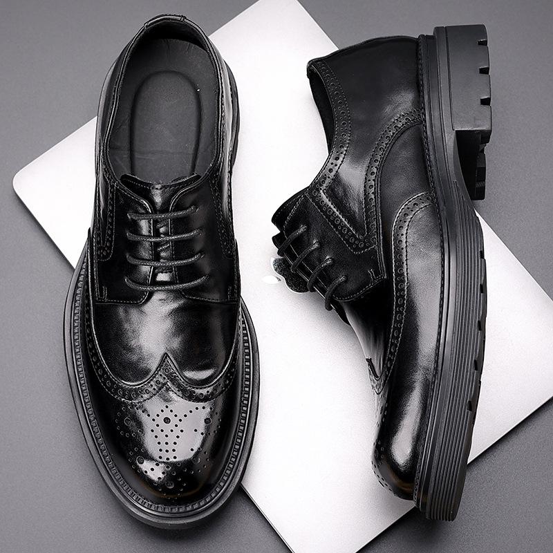 Men's Genuine Leather Formal Brogue Shoes - British, Thick-Soled, High-End Business Style, Top Layer Cowhide