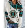 Plus Size Women Long Sleeve Round Neck Pullover Autumn Ethnic Printed Hoodie Winter Loose Casual Hooded Sweatshirt