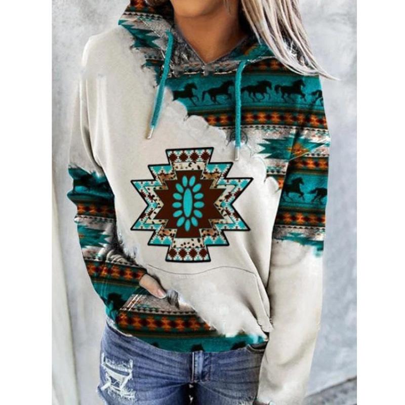 Plus Size Women Long Sleeve Round Neck Pullover Autumn Ethnic Printed Hoodie Winter Loose Casual Hooded Sweatshirt