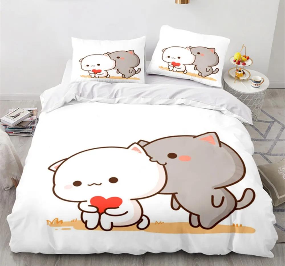 Peach Cat Bedding Quilt Cover Set 3Pcs Bedding Set Goma Cute Cats Duvet Cover Infantil Bedclothes Single Double Queen King Size