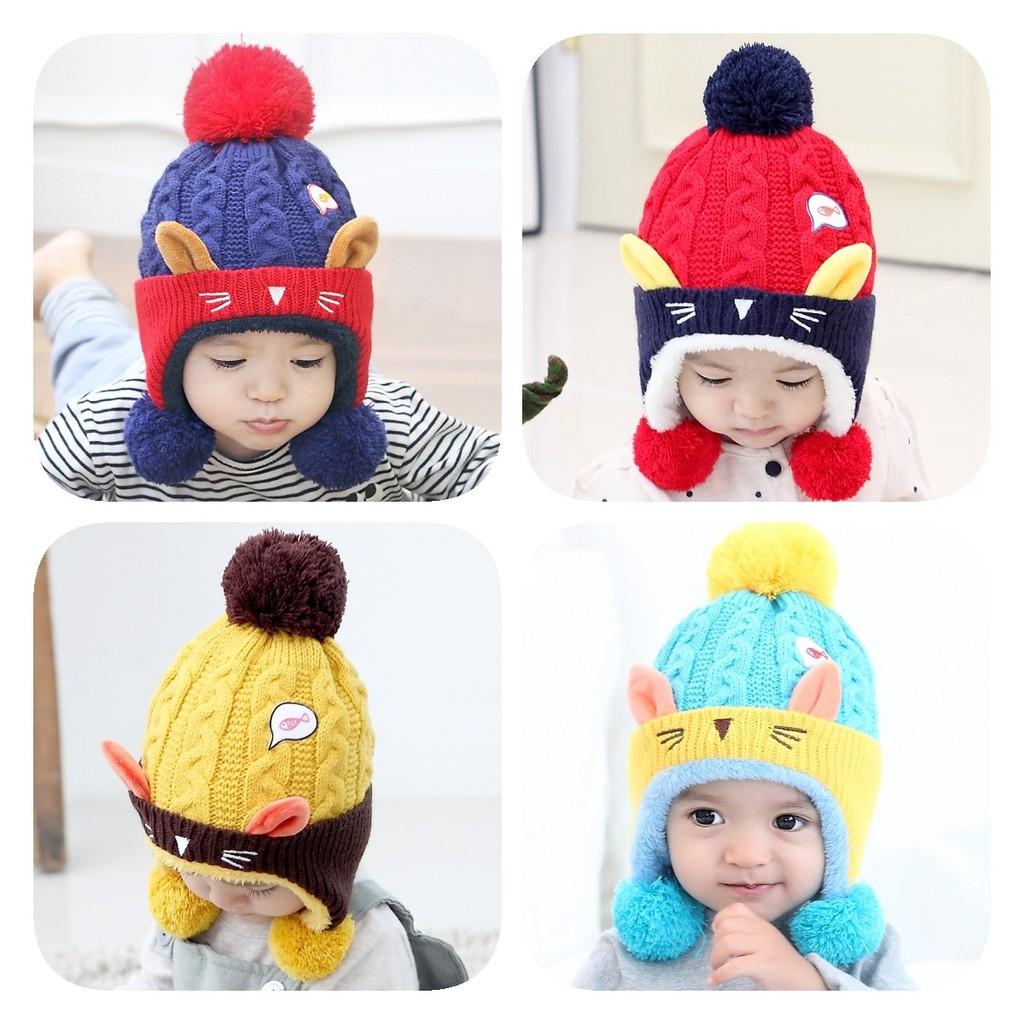 Cozy Baby Knitted Hat For Winter With Cute Cat Design Thickened Plush Ears Suitable For Boys And Girls Aged 5 To 24 Months Available In Red Yellow