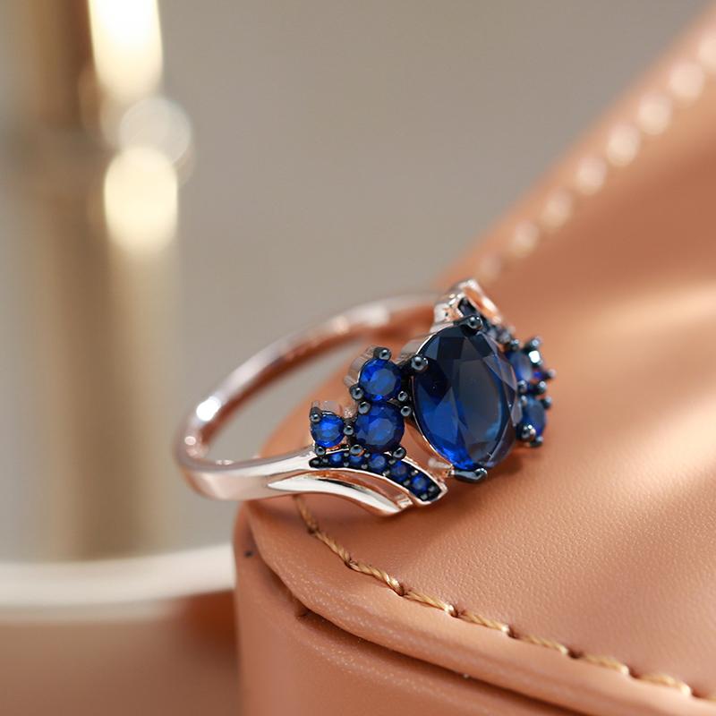 Luxury Blue Natural Zircon Ring For Women Rose Gold And Black Plating Vintage Wedding Rings Daily Fine Jewelry