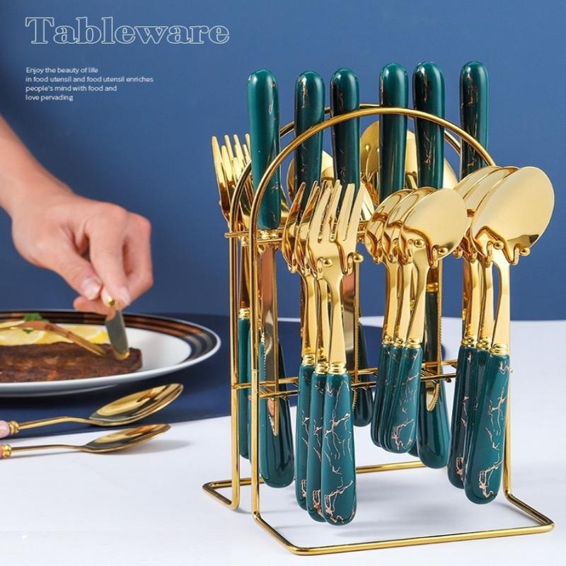 24 Pcs Stainless Steel Cutlery Dark Green Handle Knife Fork Spoon Set Cutlery Set Travel Cutlery Set Flatware Set