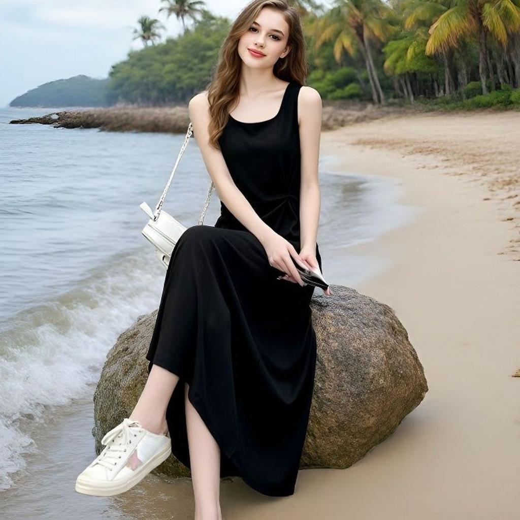 Sleeveless Camisole Dress for Women, New Summer Outerwear, Concealing Flesh, Slimming Knit Base Line, Black A-line Skirt, Plus Size