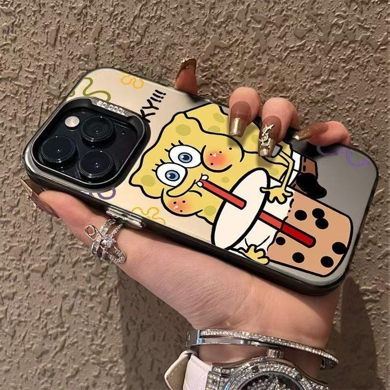 Milk Tea SpongeBob SquarePants Suitable for Apple 16PROMAX/iPhone15/iPhone14 Couple Colored Silver Mobile Phone Case