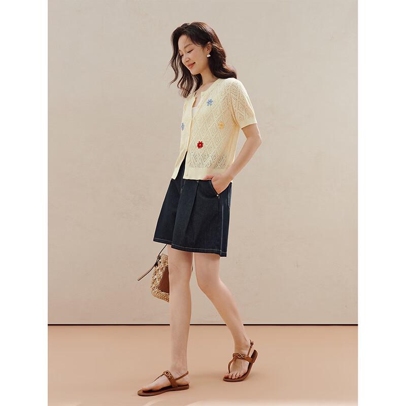 INMAN Women's Floral Embroidered Xinjiang Cotton Short Sleeve Cardigan