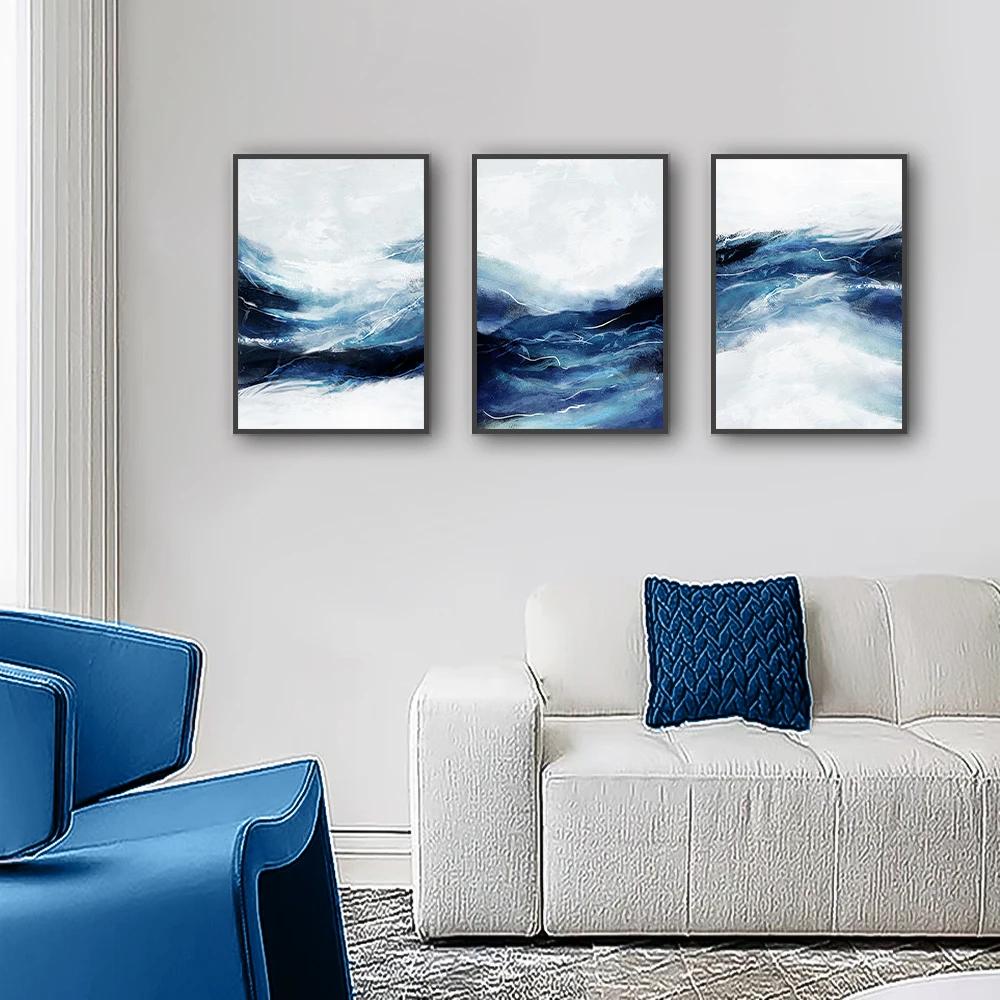 3-pcs Abstract White Black Blue Wave Poster Canvas Print Painting Wall Art Posters Bedroom Living Room Decoration Ideal Gifts