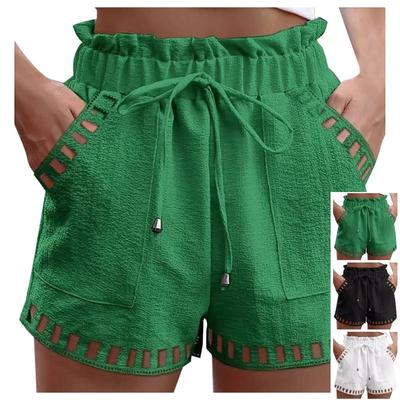 Cotton Linen Shorts Women's Pants Solid Color Thin Hollow Out Design Trim Pocket Tight Waist Shorts Beachwear White Clothes