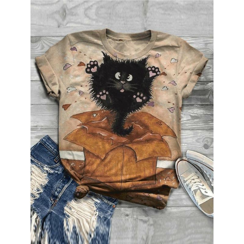 Summer Round Neck 3D Retro Cat Pattern Print Top Fashionable Casual Short Sleeved Women's T-shirts