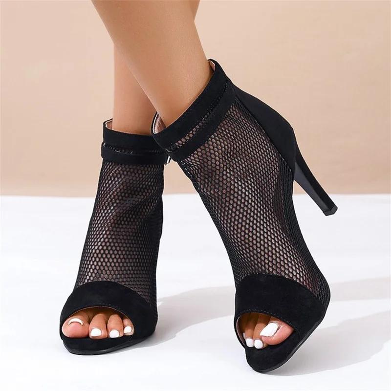 

2025Лето полые черные прохладные ботинки тонкие каблуки сетчатые ботинки рыбий рот открытый носок высокие каблуки сетчатая женская обувь танцевальные короткие ботинки 35 чёрный