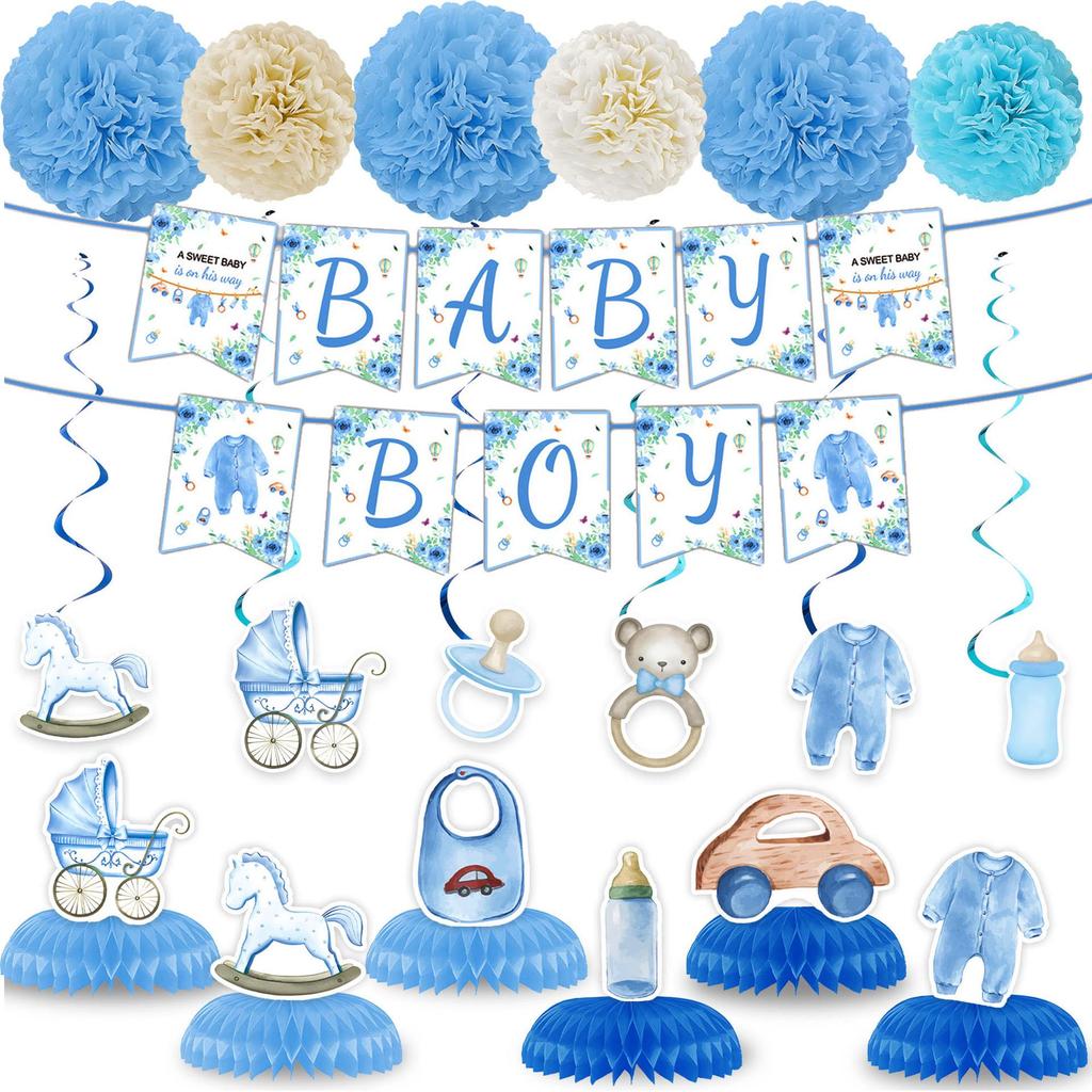 Blue Watercolor Little Boy Birthday Party Disposable Tableware Set: Plates, Cups, Napkins