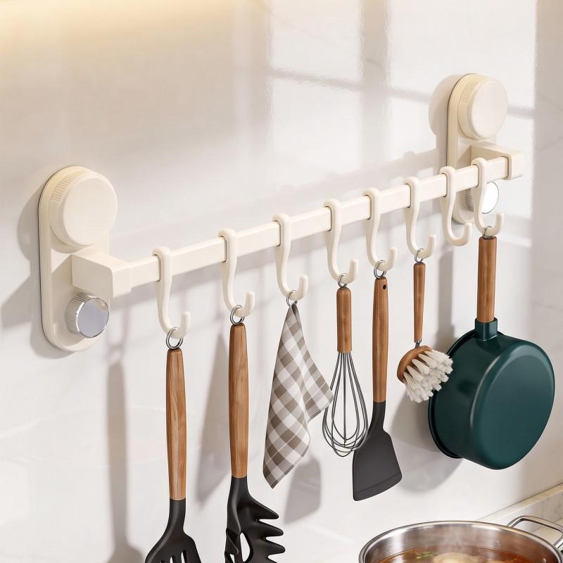 Heavy Duty No-Drill Kitchen Wall Hook Rack Pots Lids Spoons Utensils Adhesive Mount Aluminum Alloy 30-70cm Single Or Double
