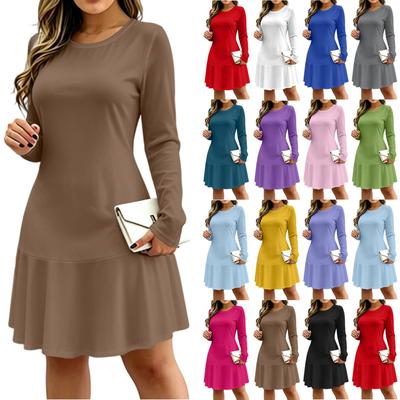 Women's Color V-Neck Long Sleeve Casual Dress with Pockets for Everyday Wear