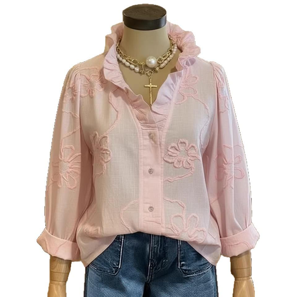 2026 Spring/Summer Lace Embroidered Cotton Linen Sweet Shirt