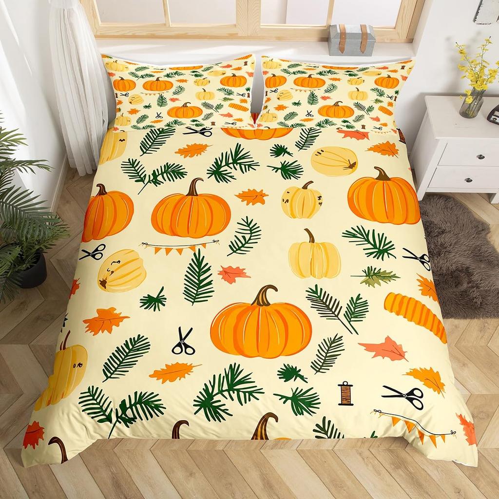 Autumn Pumpkin Soft Duvet Cover Ful Quen Fal Leaves Boho Floral Beding Set Farmhouse Harvest Home Decor,Thanksgiving Comfortable Quilt Cover
