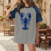 Women Casual Denim Patchwork Short Sleeve T Shirt Summer Spring Fashion Comfortable Loose Fit Crew Neck Top with Lobster Print