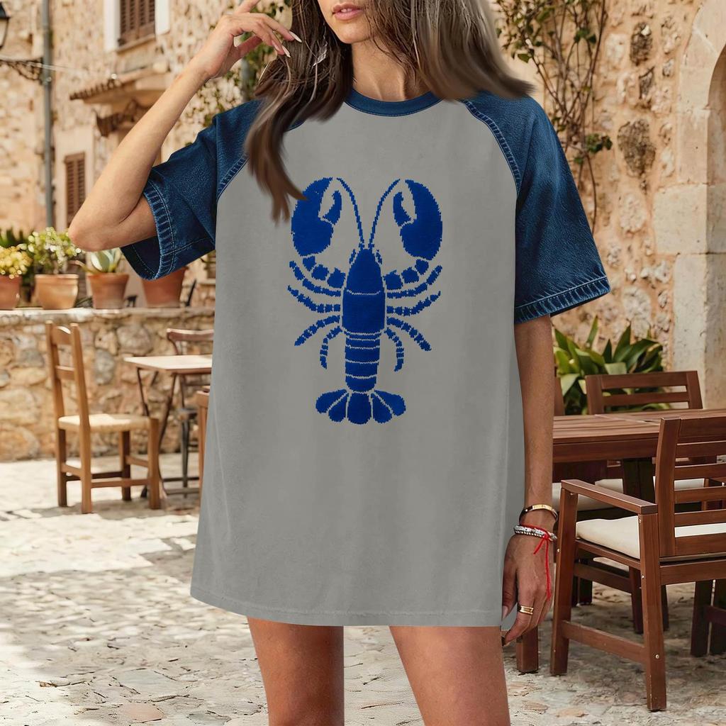 Women Casual Denim Patchwork Short Sleeve T Shirt Summer Spring Fashion Comfortable Loose Fit Crew Neck Top with Lobster Print